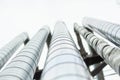 Heating pipes. City communications. Lots of stainless steel sheathed pipes. Industrial equipment Royalty Free Stock Photo