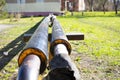 Heating pipes on the street close up