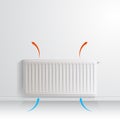 Heating radiator on white wall with arrow showing air circulation, front view.