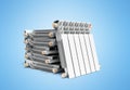 Heating radiators in stack on blue 3D rendering