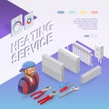 Heating service. Isometric concept. Worker, equipment. Royalty Free Stock Photo