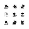 Heatstroke risk during summer black glyph icons set on white space Royalty Free Stock Photo