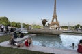 Heatwave in Paris, 2019 People using the fountains in the Trocadro Gardins in an effort to cool down