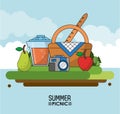 Heaven background poster of summer picnic with outdoor landscape with picnic basket fruits and juice jar and photo