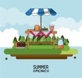 Heaven background poster of summer picnic with outdoor landscape of table with sunshade and foods