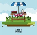 Heaven background poster of summer picnic with outdoor landscape of table with sunshade and pie with coffee jar