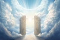 heaven with bright light, open door and clouds in the sky. Spiritual background Royalty Free Stock Photo