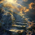 Heaven Stairs, Road to Light, Paradise Sky, Afterlife Way Drawing Imitation, Sun Rays Steps to Heaven, Copy Space