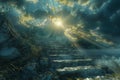 Heaven Stairs, Road to Light, Paradise Sky, Afterlife Way Drawing Imitation, Sun Rays Steps to Heaven, Copy Space Royalty Free Stock Photo