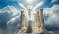 A heavenly angel in front of columns rising from clouds into the sky.