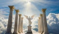 A heavenly angel in front of columns rising from clouds into the sky.