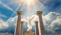 A heavenly angel in front of columns rising from clouds into the sky.