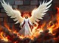 A heavenly angel with white wings wards off a winged devil or demon within a wall of flames.