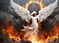 A heavenly angel with white wings wards off a winged devil or demon within a wall of flames.