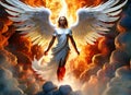 A heavenly angel with white wings wards off a winged devil or demon within a wall of flames.