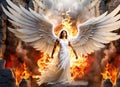 A heavenly angel with white wings wards off a winged devil or demon within a wall of flames.