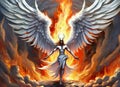 A heavenly angel with white wings wards off a winged devil or demon within a wall of flames.