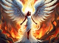 A heavenly angel with white wings wards off a winged devil or demon within a wall of flames.