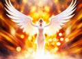 A heavenly angel with white wings wards off a winged devil or demon within a wall of flames.