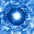 Heavenly background with dramatic clouds. Religion concept of divine shining heaven, light. Sky with beautiful cloud and sunshine Royalty Free Stock Photo