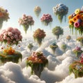 Heavenly Blooms: AI Captured Floating Islands Adorned with Colorful Flowers Above the Clouds