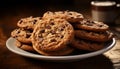 Heavenly chocolate chip cookies with abundant chocolate chips, arranged captivatingly on a plate Royalty Free Stock Photo