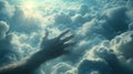Heavenly clouds enveloping a divine hand reaching down to earth, creating a dreamlike fantasy