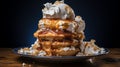 Delicious Delight: A Tower of Fluffy Whipped Cream on a Slice of Blissful Indulgence - AI Generative Royalty Free Stock Photo