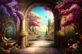 heavenly garden, with colorful flowers and blooming trees, leading to the open doors of heaven