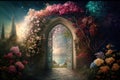 heavenly garden, with colorful flowers and blooming trees, leading to the open doors of heaven