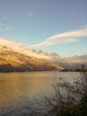 Cloudy sky over mountain and lake in the swiss mountains. Churfirsten, Lake Walen, Sakt Gallen