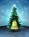 Heavenly space with golden bell under glittering xmas tree