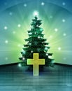 Heavenly space with golden cross under glittering xmas tree