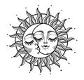 Heavenly sun and crescent moon with face, hand drawn engraving graphic stylization. Astrological vector illustration for witch,