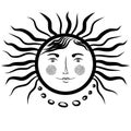 Heavenly symbol is the sun with woman`s face. Celestial body icon. Vintage medieval style. Female sunny image with long hair.