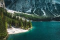 Heavenly view for people from the shore of turquoise Baires Lake in the Dolomites, Italy Royalty Free Stock Photo