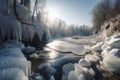 heavenly view of wintery river frozen over with icicles hanging from the edge