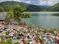 Heavily polluted lake shore. A large amount of plastic, bottles, human waste. Ecological catastrophe in the background of