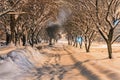 Heavily snow-covered road and sidewalk in an industrial town in Silesia, Poland, JastrzÃâ¢bie-Zdroj at night Royalty Free Stock Photo