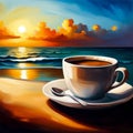 oil painting of a cup of coffee, sunset over the ocean, gentry rolling waves