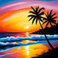 oil painting of a sunset over the ocean, with orange and pink hues, gentry rolling waves, and palm trees