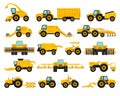 Heavy agricultural machinery set. Wheeled tractors, combine harvester, plow. Rural industrial farm transport vector Royalty Free Stock Photo