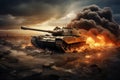 Heavy armored tank on battlefield apocalyptic background. Generative AI