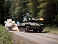 A heavy armored tank fires at full speed