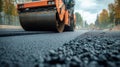 Generative AI Heavy construction road roller compacting asphalt on new road with construction site background busi Royalty Free Stock Photo