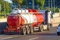 Heavy big fuel tanker truck Lukoil company on city highway. Russia, Saint-Petersburg. 20 august 2020