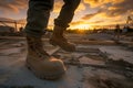 heavy boots trudging through unfinished site in sunset light Royalty Free Stock Photo