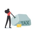 Heavy Burden, Loan Payment, Taxation Concept. Business Woman Character Pull Huge Stone Weight with Tax Inscription