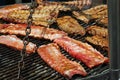 heavy cast iron grill supported by large chains with pork ribs cooked on the grill at the restaurant Royalty Free Stock Photo