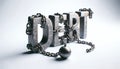Heavy chains and shackles secure the word \'DEBT,\' symbolizing financial burden and constraints Royalty Free Stock Photo